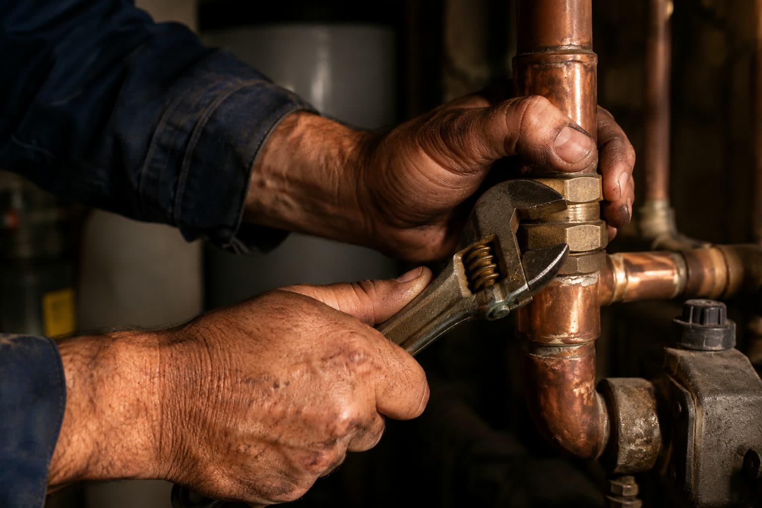 Mains d’un plombier serrant un raccord en cuivre à la clé