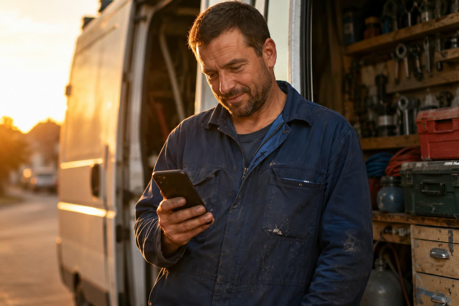Plombier qui lit un SMS récap sur son téléphone, près de sa camionnette